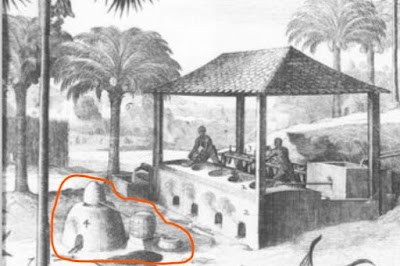 Bild 44: Zuckerrohrplantage Martinique, 1667. Zuckerhaus mit Siedepfannen, davor eine Brennanlage („vinaigrerie“).