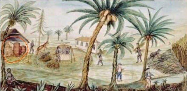 Bild 46: Holländische Zuckerrohrplantage auf St. Eustatius, 1750. Bildmitte Pferdemühle mit Zuckerrohrpresse, rechts Zuckerhaus, links Brennerei mit Brennblase.