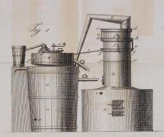 Bild 64: Brennanlage mit Rektifikations- und Dephlegmationsvorrichtungen (Abb. aus Chemische Grundlagen..., 1841).